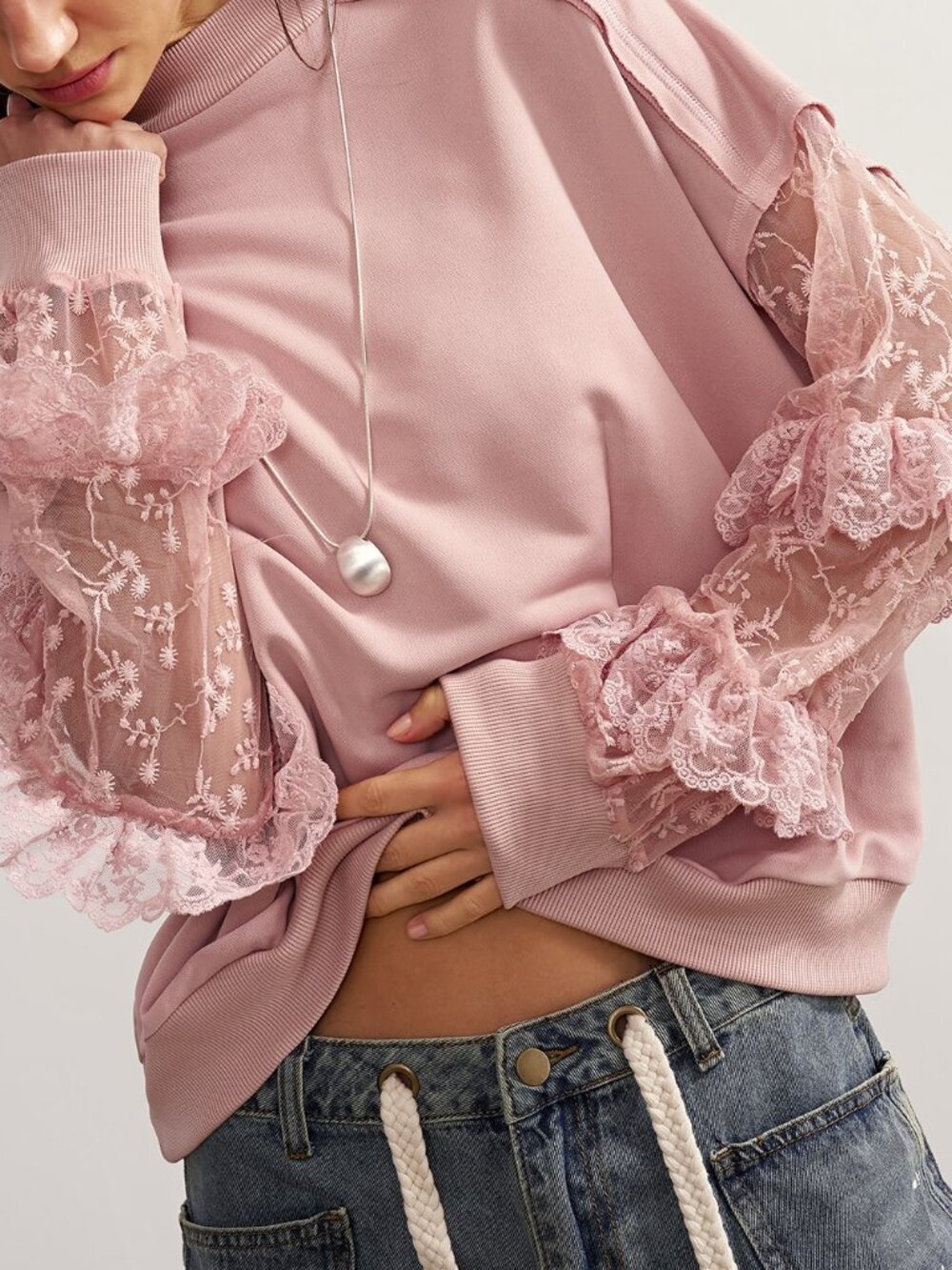 Pink Casual Women's Elegant Romantic Lace Patchwork Sweatshirt